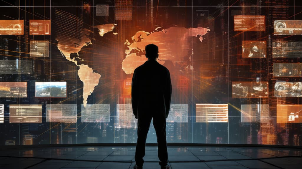 Man standing infront of digital world map image