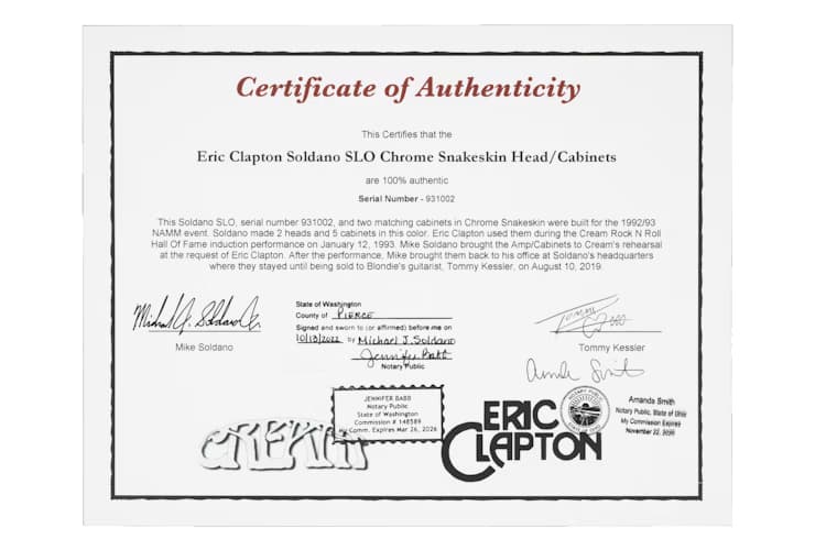 Eric Clapton's Blackie Prototype & Soldano Certificate of Authenticity Image